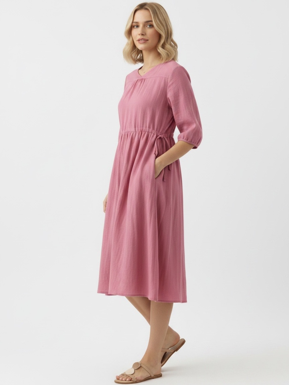 Lintico 100% Linen A-Line
Drawstring Waist Midi Cottage-core Dress
DIXIE Pink